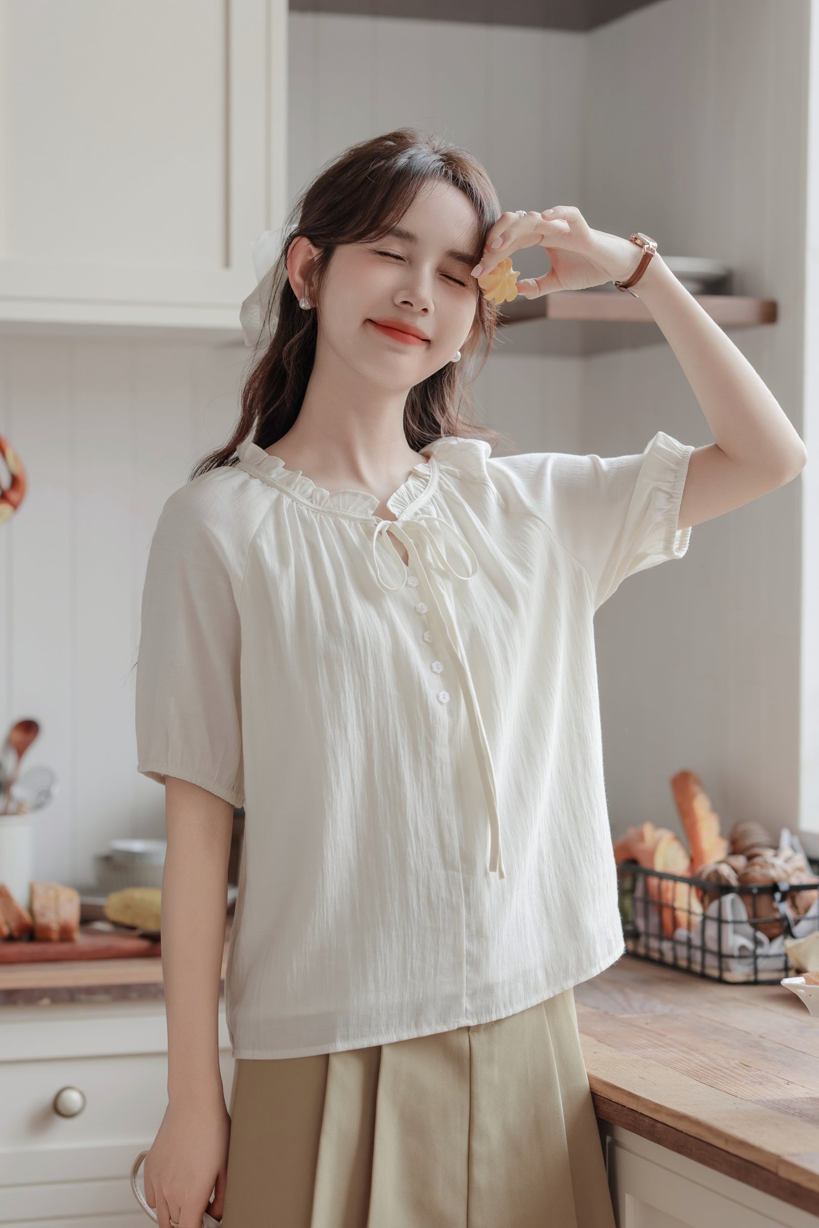 Whimsical Ivory Button-Front Blouse - Masion Chérie