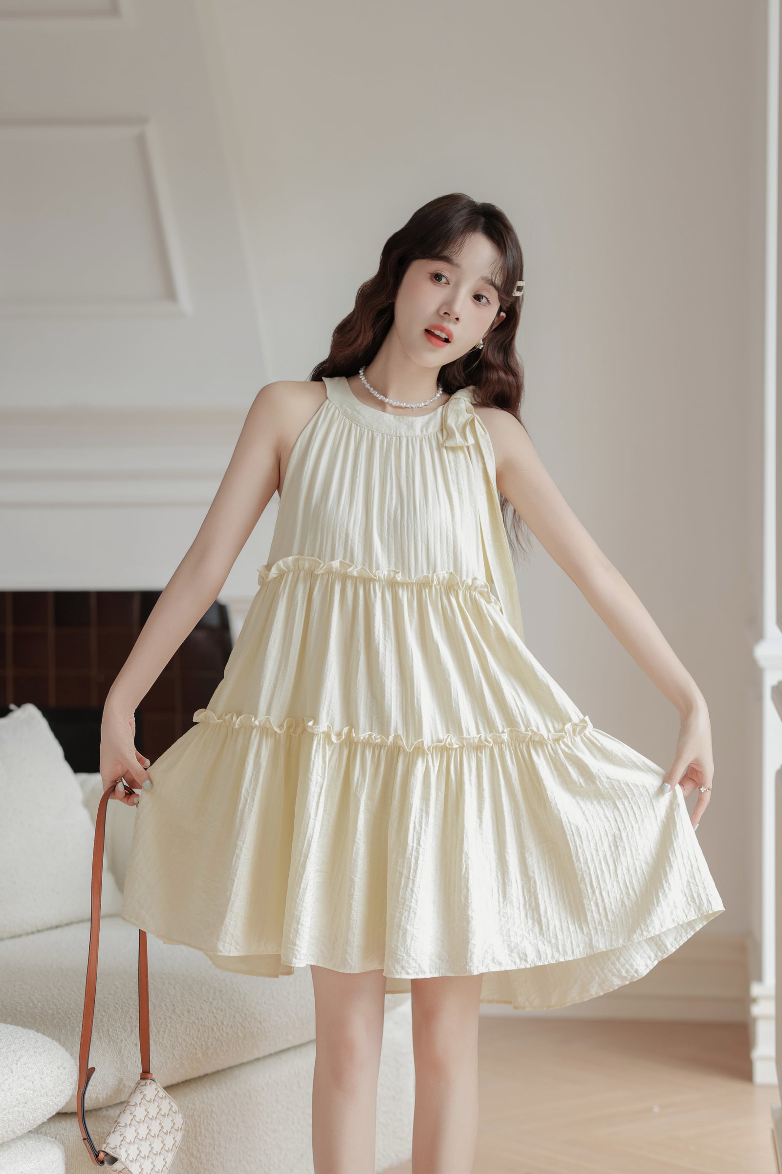 Apricot Halter Neck Tiered Dress - Masion Chérie