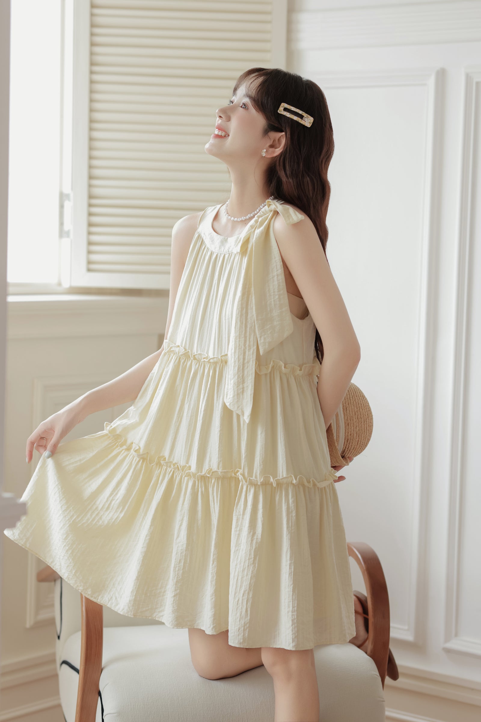 Apricot Halter Neck Tiered Dress - Masion Chérie