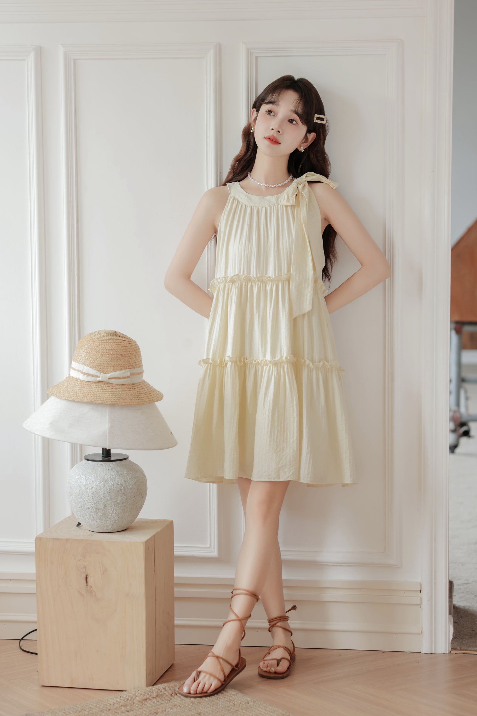 Apricot Halter Neck Tiered Dress - Masion Chérie