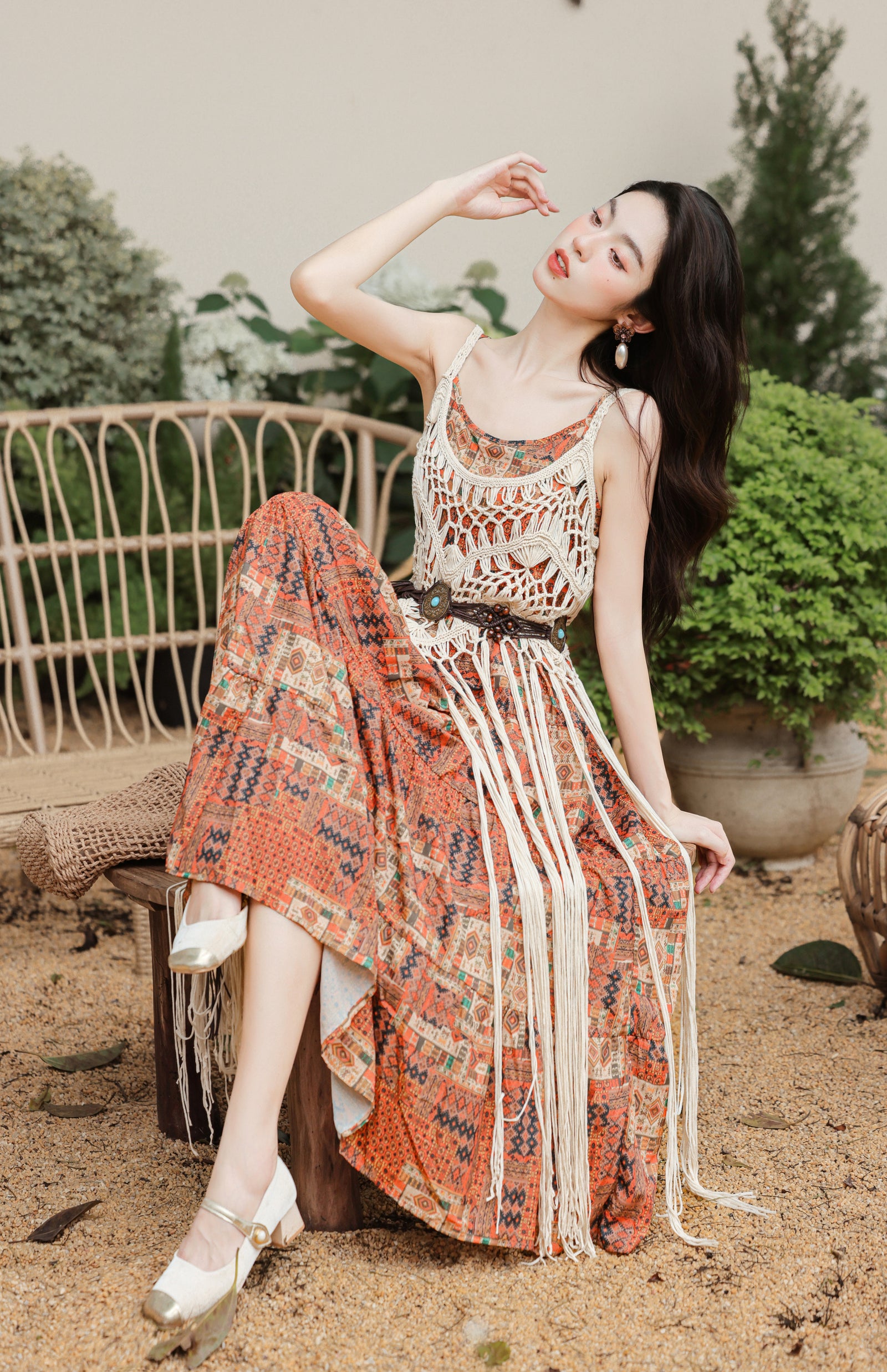 Boho Chic Crochet Overlay Printed Maxi Dress