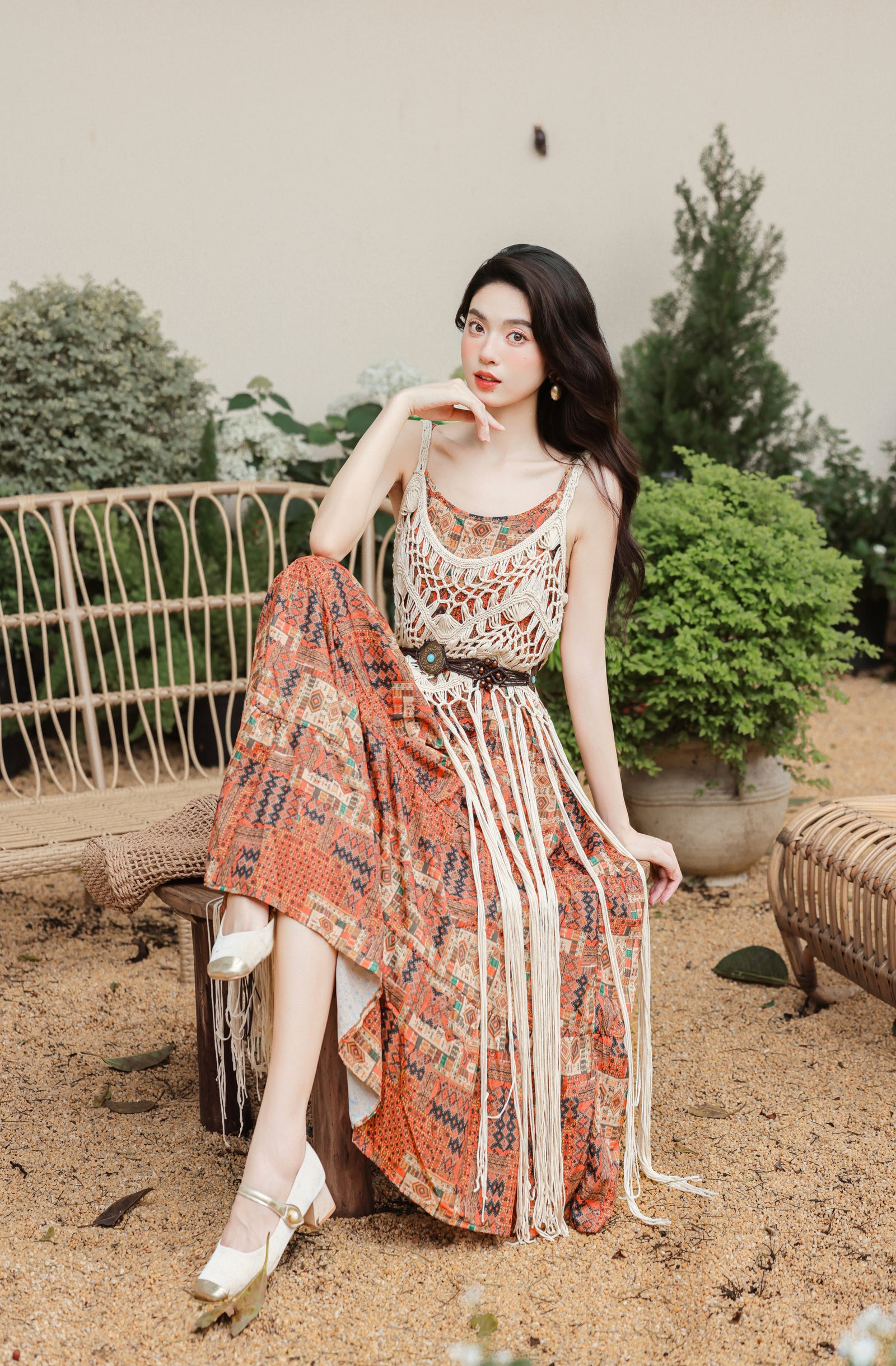 Boho Chic Crochet Overlay Printed Maxi Dress