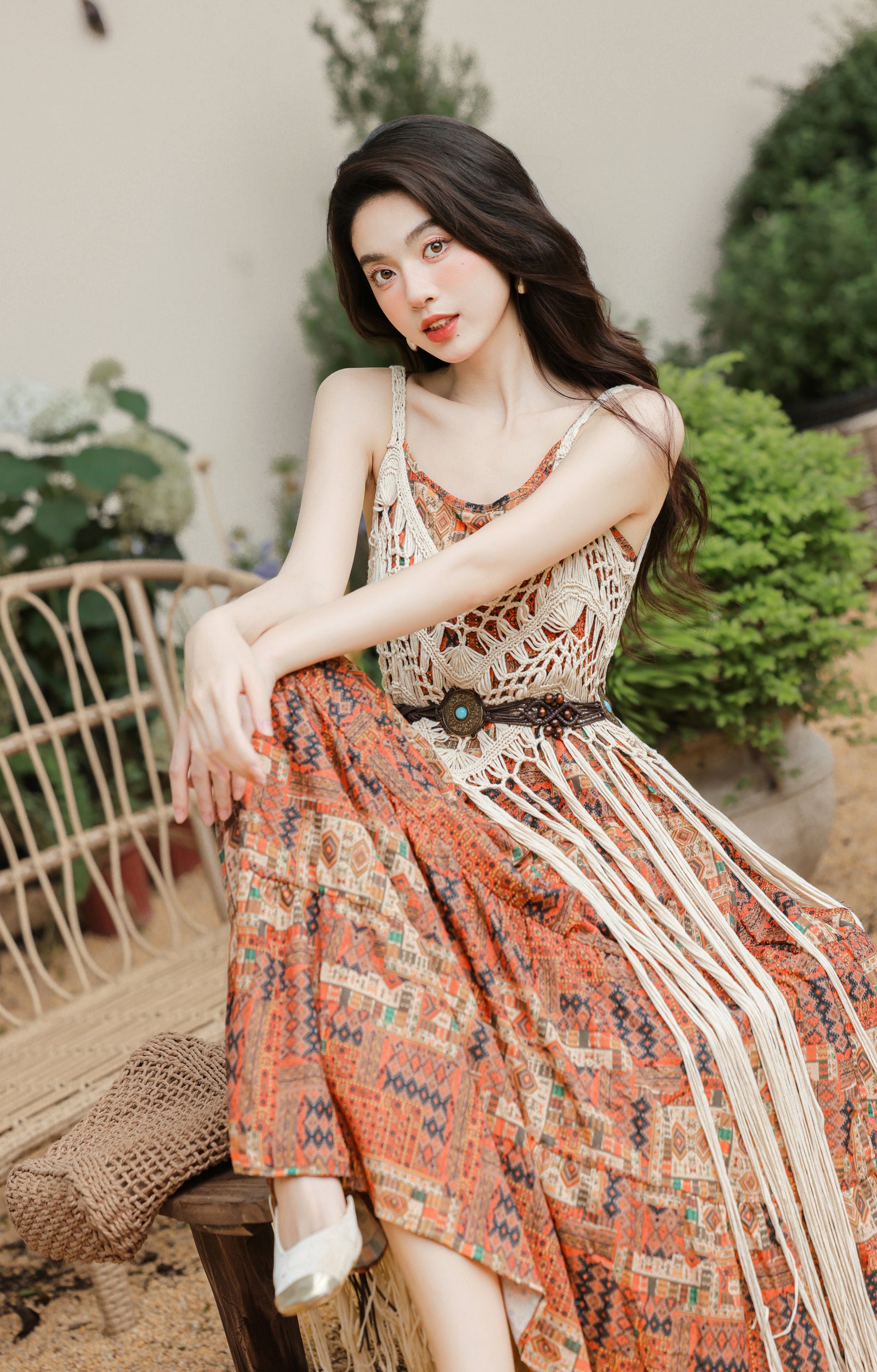 Boho Chic Crochet Overlay Printed Maxi Dress