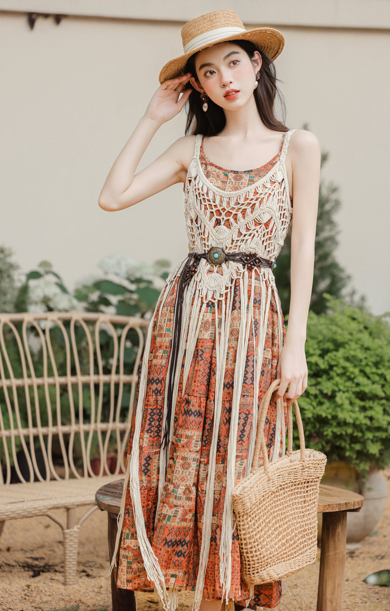 Boho Chic Crochet Overlay Printed Maxi Dress