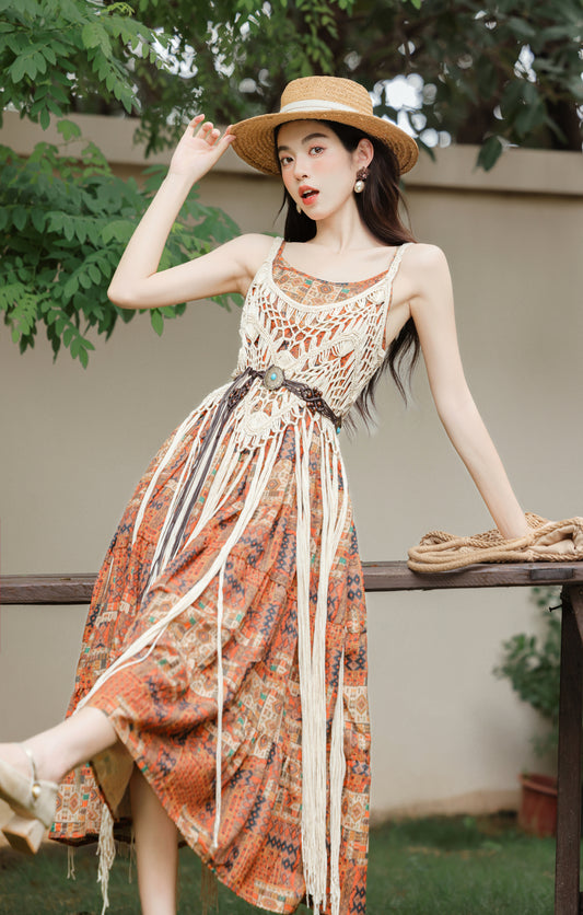 Boho Chic Crochet Overlay Printed Maxi Dress