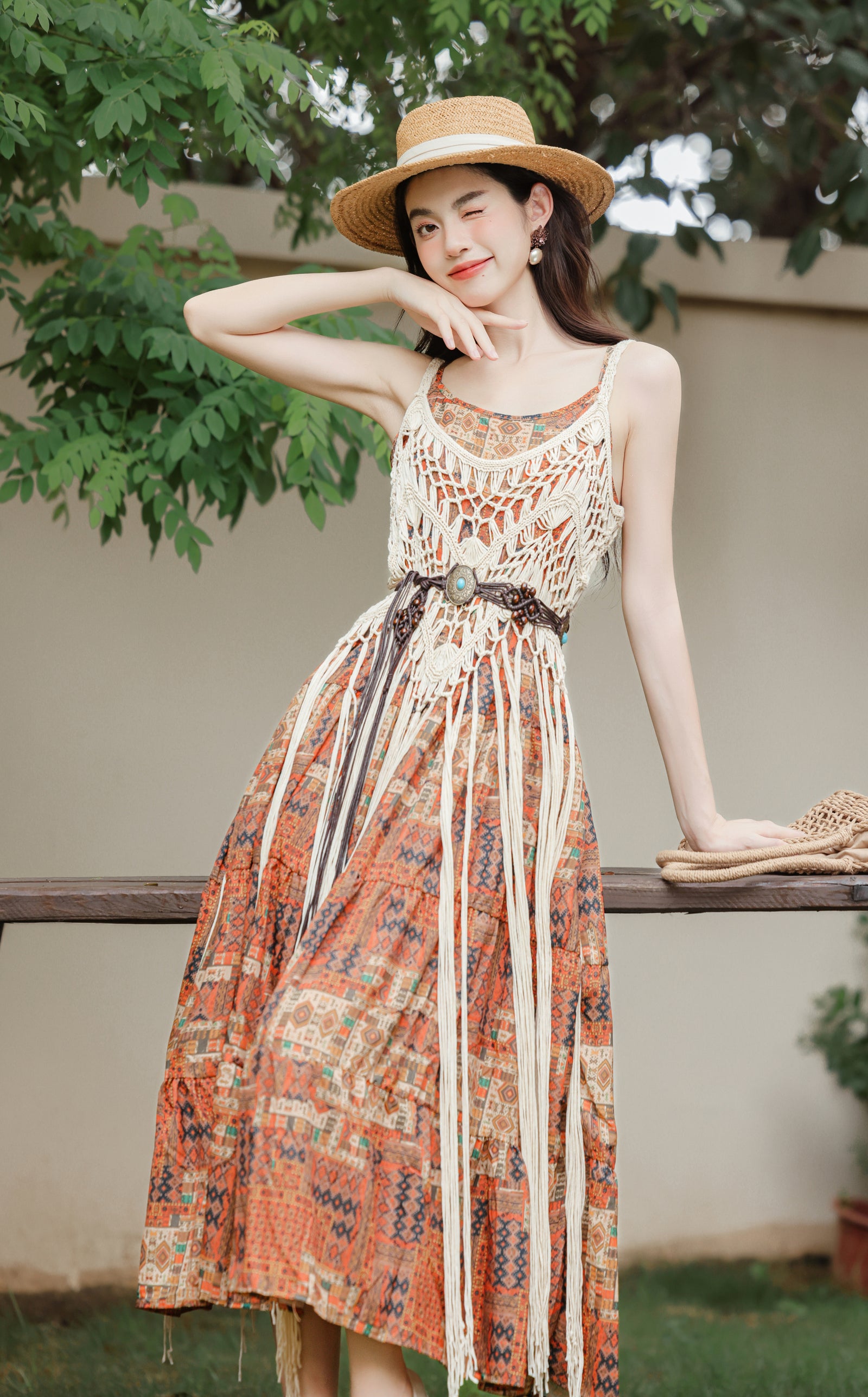 Boho Chic Crochet Overlay Printed Maxi Dress