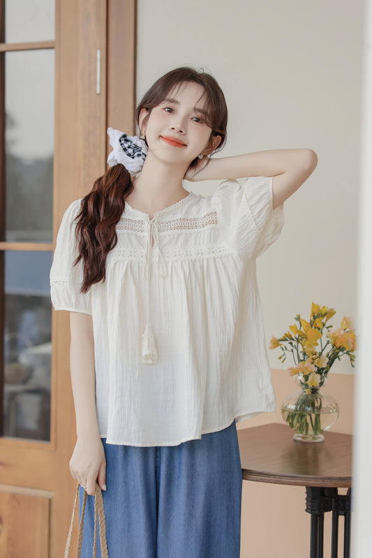 Charming Ivory Boho Lace Trim Blouse - Masion Chérie