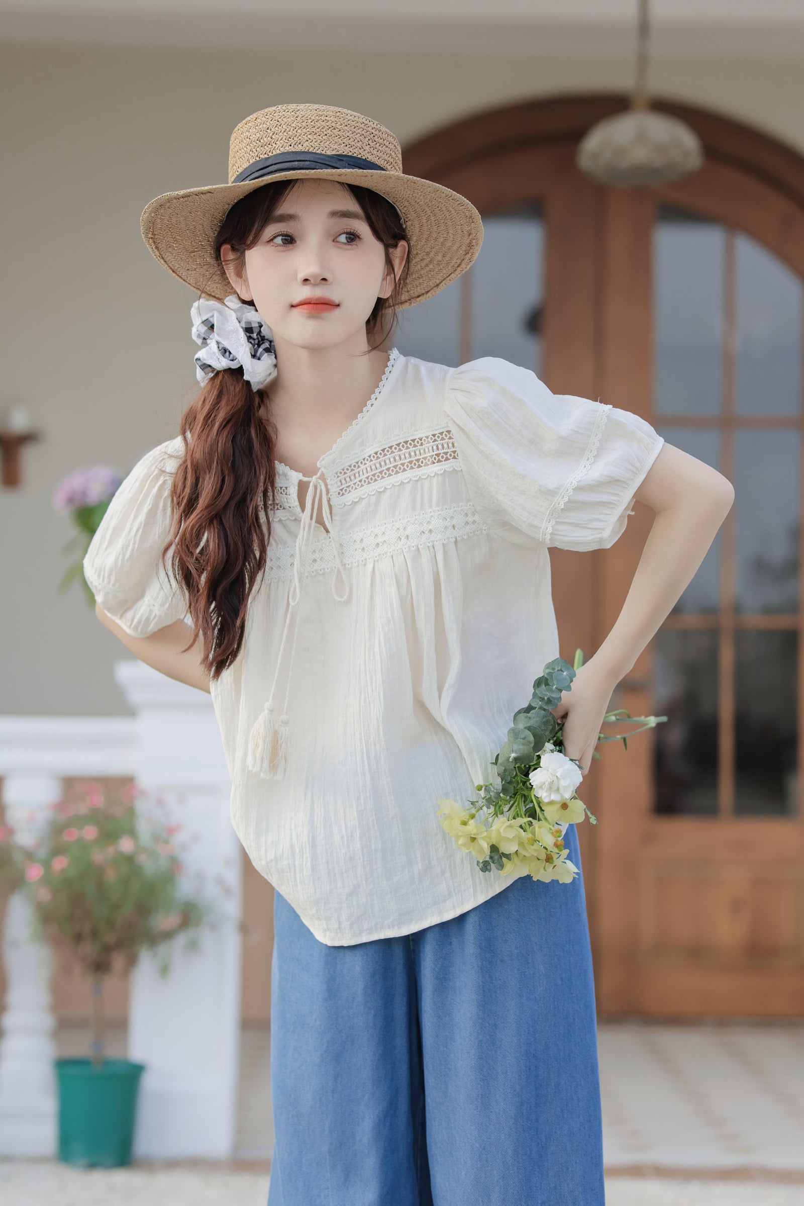 Charming Ivory Boho Lace Trim Blouse - Masion Chérie