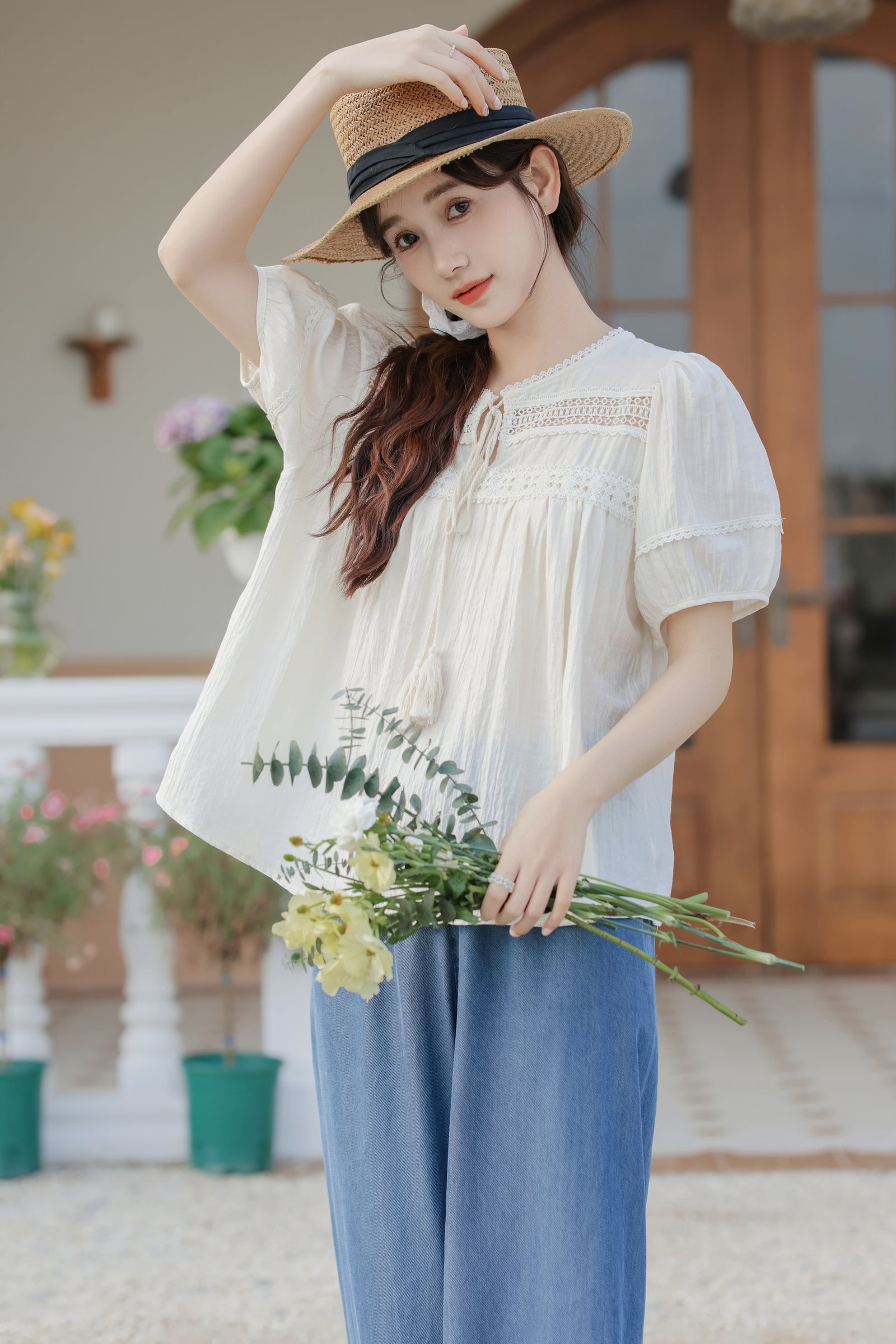 Charming Ivory Boho Lace Trim Blouse - Masion Chérie