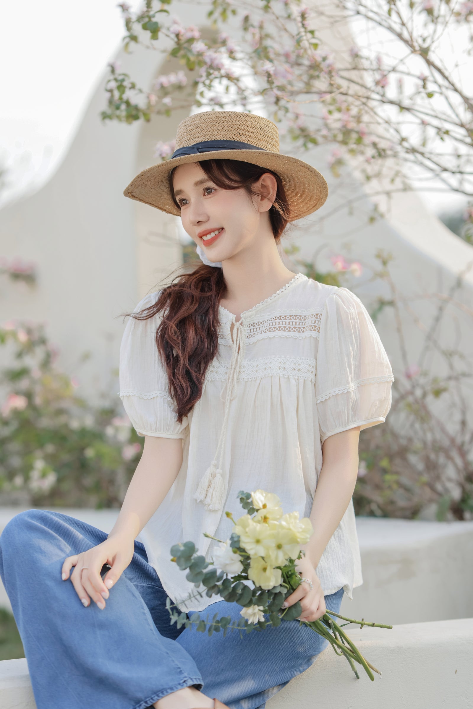 Charming Ivory Boho Lace Trim Blouse - Masion Chérie