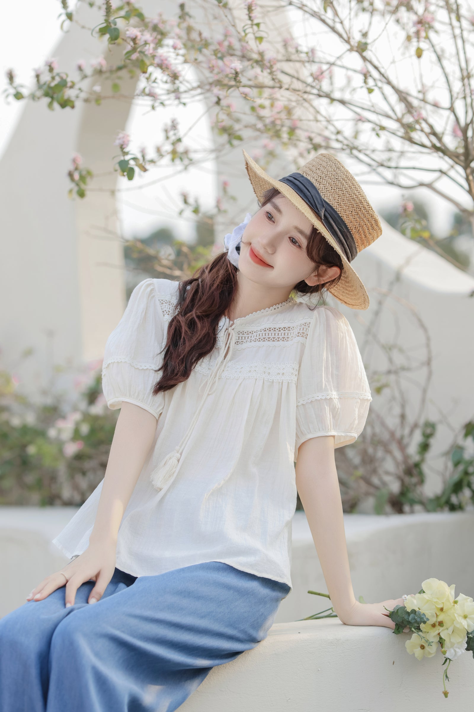 Charming Ivory Boho Lace Trim Blouse - Masion Chérie