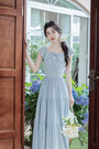 Sky Blue Ruffled Bow-Tie Tiered Maxi Skirt Set