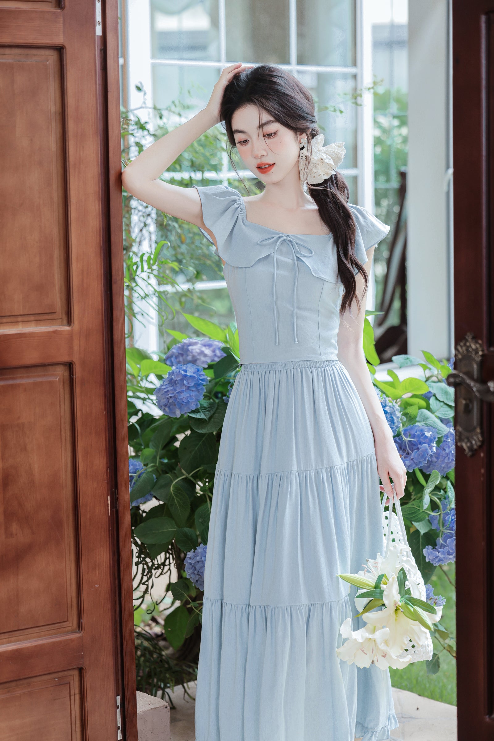 Sky Blue Ruffled Bow-Tie Tiered Maxi Skirt Set