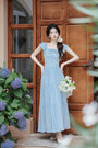 Sky Blue Ruffled Bow-Tie Tiered Maxi Skirt Set