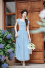 Sky Blue Ruffled Bow-Tie Tiered Maxi Skirt Set