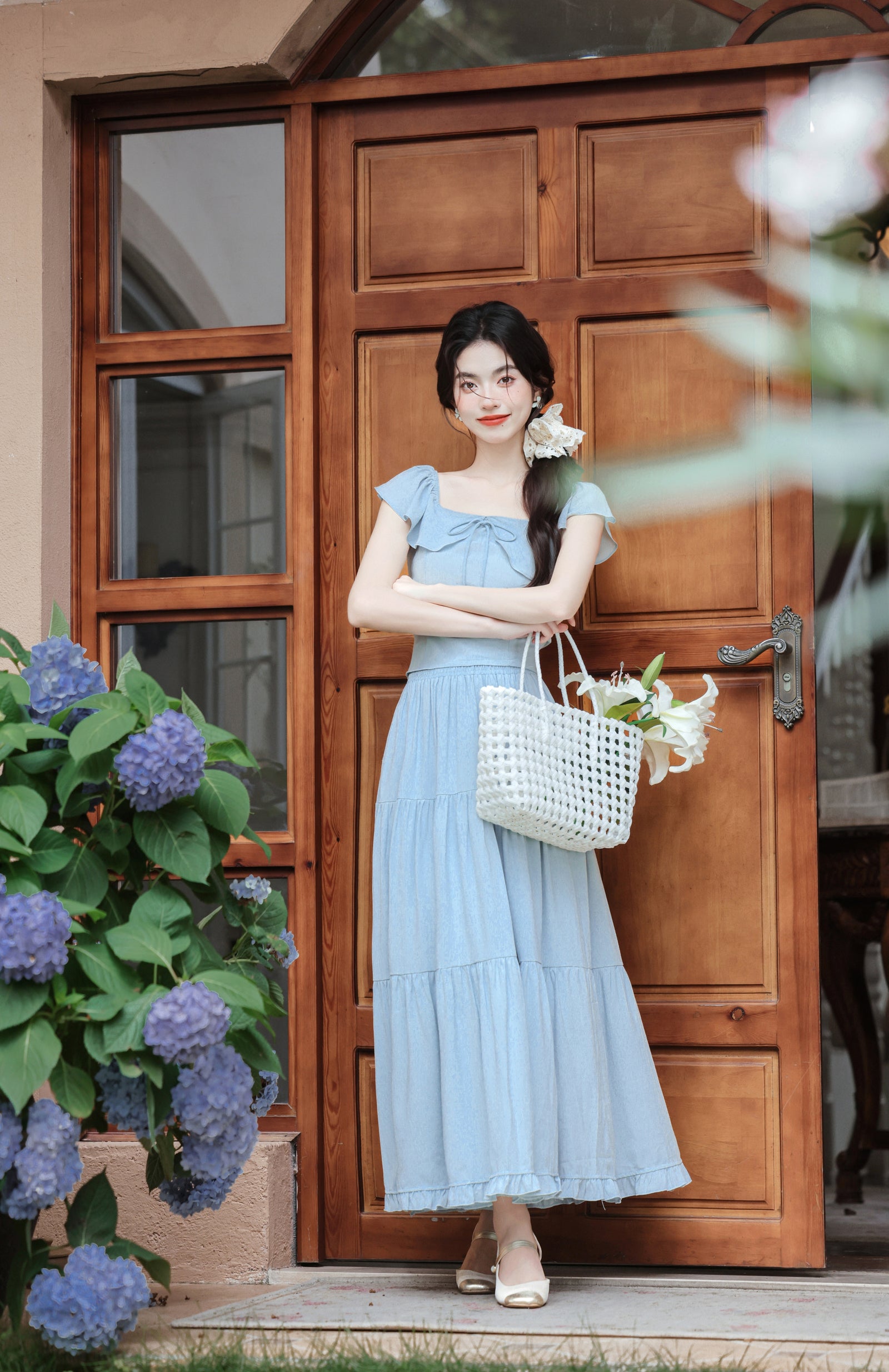 Sky Blue Ruffled Bow-Tie Tiered Maxi Skirt Set