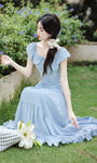 Sky Blue Ruffled Bow-Tie Tiered Maxi Skirt Set