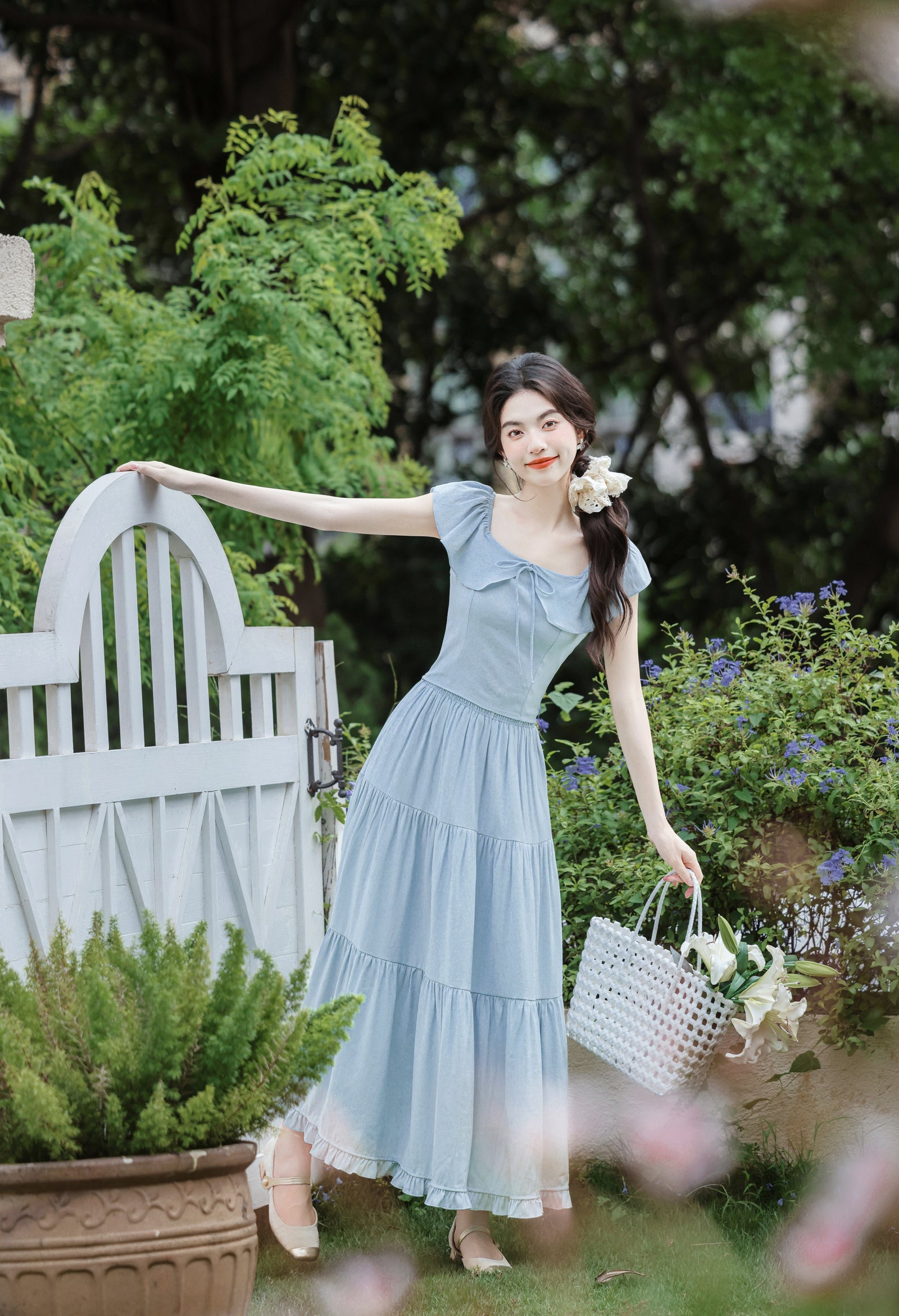 Sky Blue Ruffled Bow-Tie Tiered Maxi Skirt Set