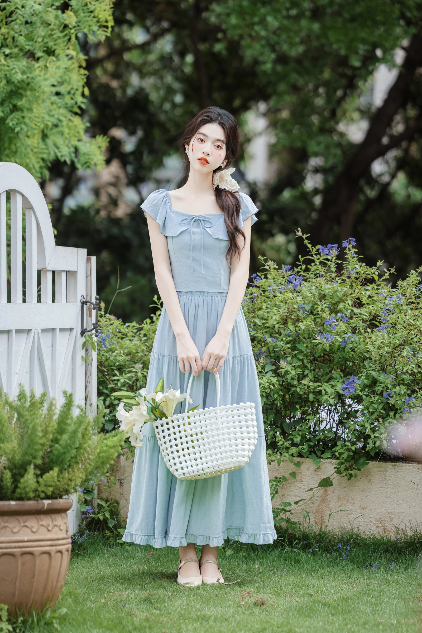 Sky Blue Ruffled Bow-Tie Tiered Maxi Skirt Set