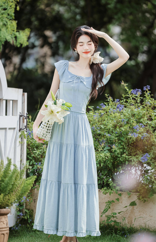 Sky Blue Ruffled Bow-Tie Tiered Maxi Skirt Set