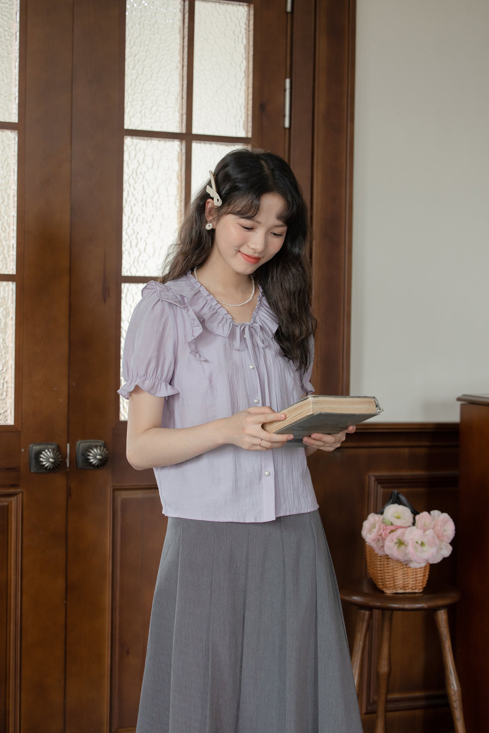 Lilac Ruffle-Trim Button-Up Blouse - Masion Chérie