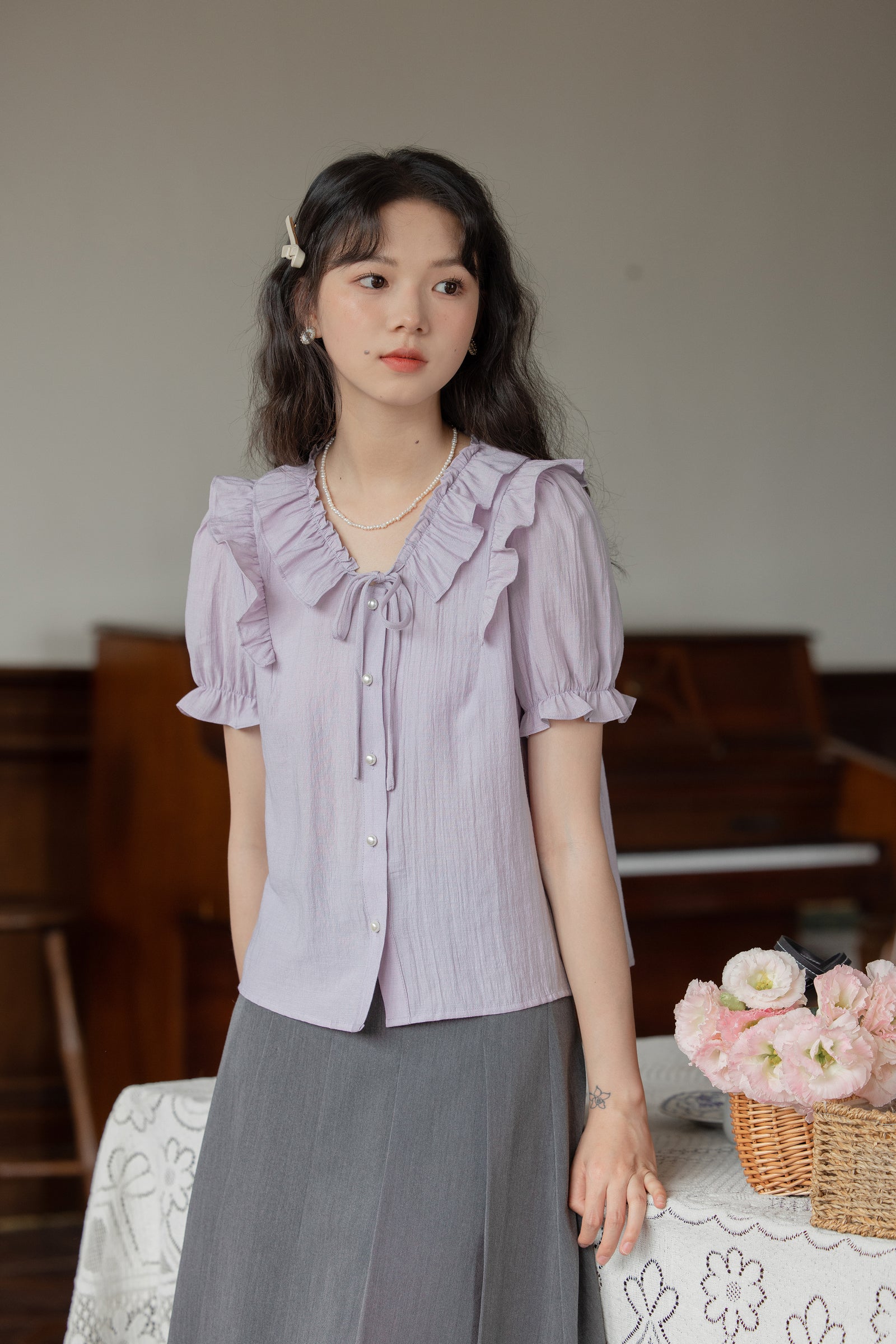 Lilac Ruffle-Trim Button-Up Blouse - Masion Chérie