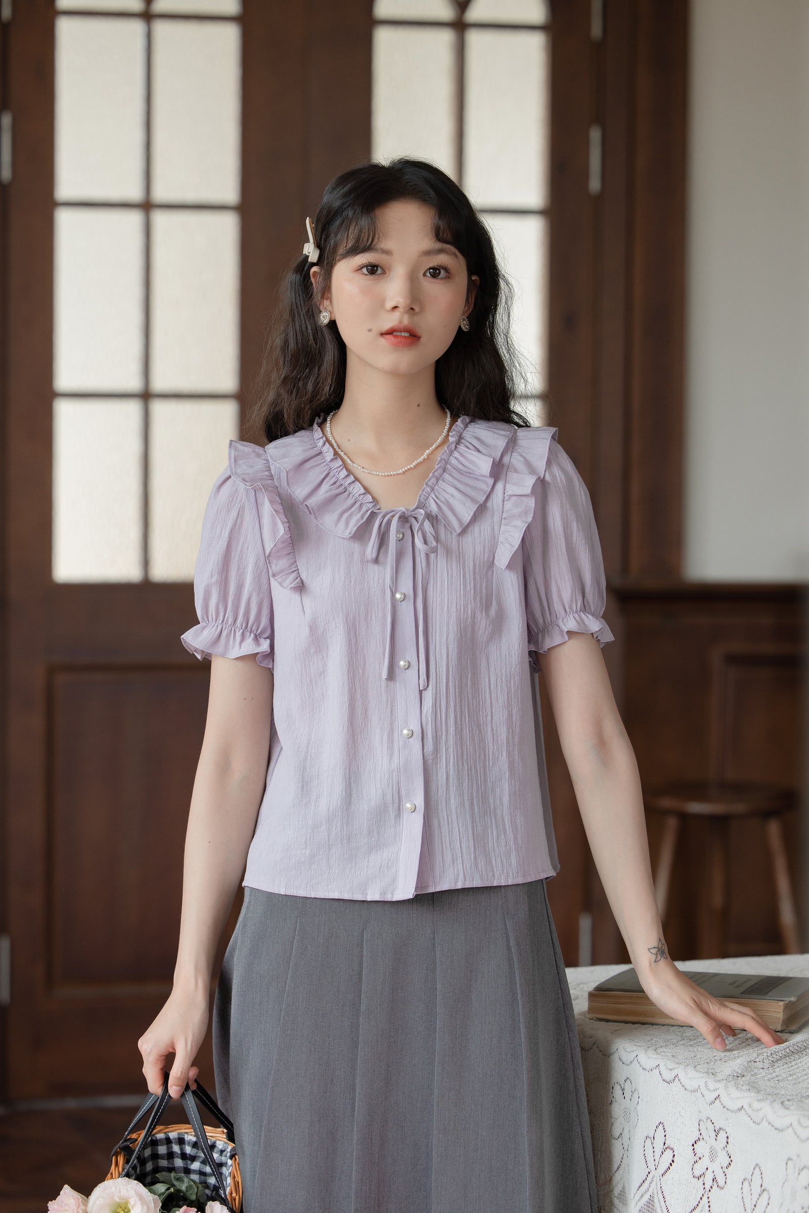 Lilac Ruffle-Trim Button-Up Blouse - Masion Chérie