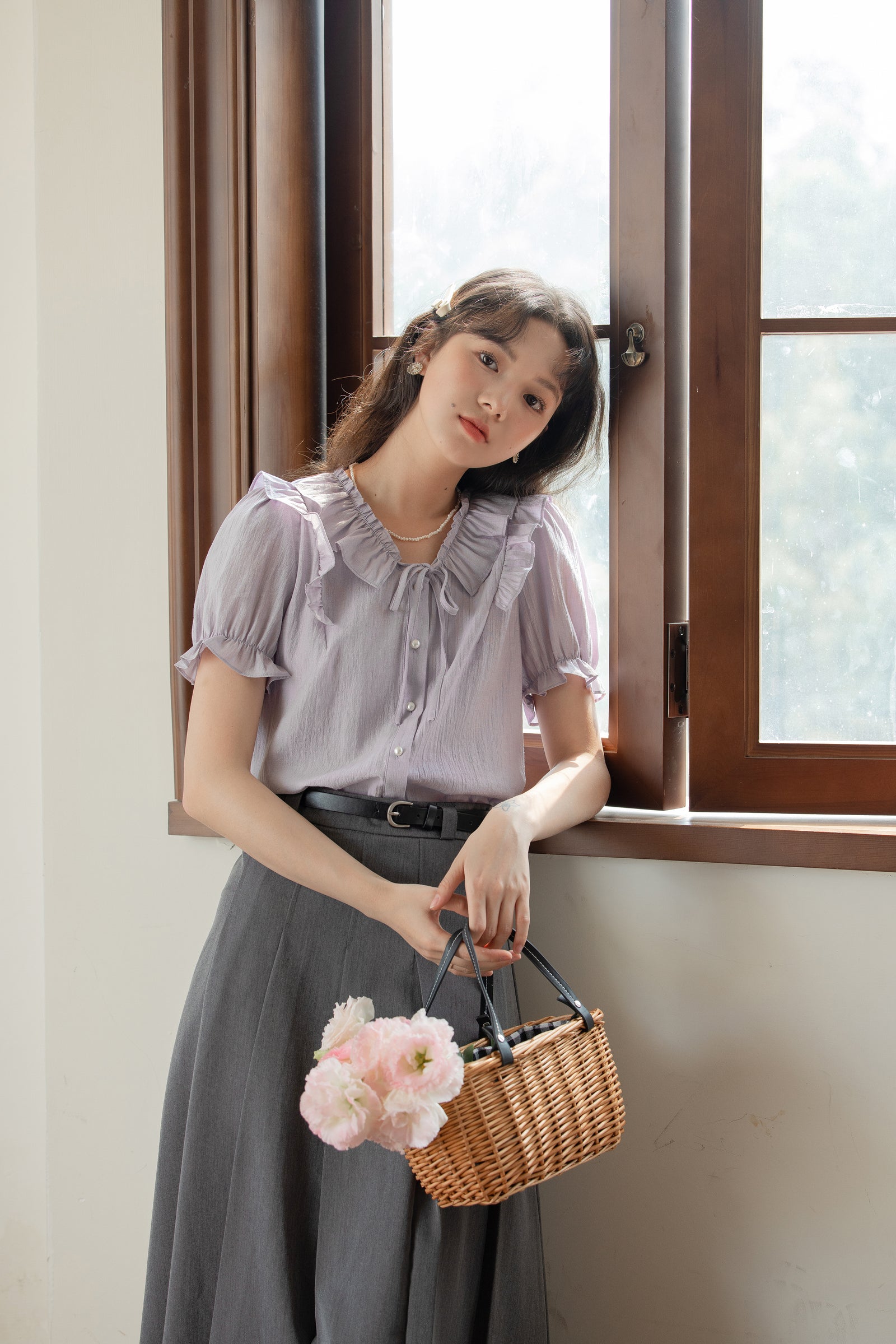 Lilac Ruffle-Trim Button-Up Blouse - Masion Chérie