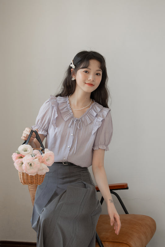 Lilac Ruffle-Trim Button-Up Blouse - Masion Chérie