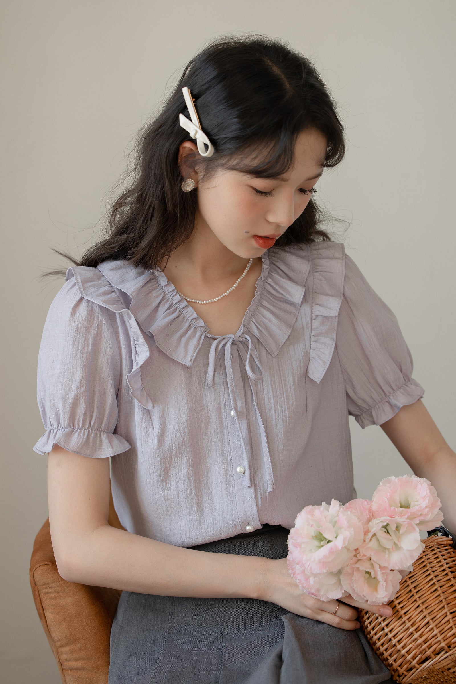 Lilac Ruffle-Trim Button-Up Blouse - Masion Chérie