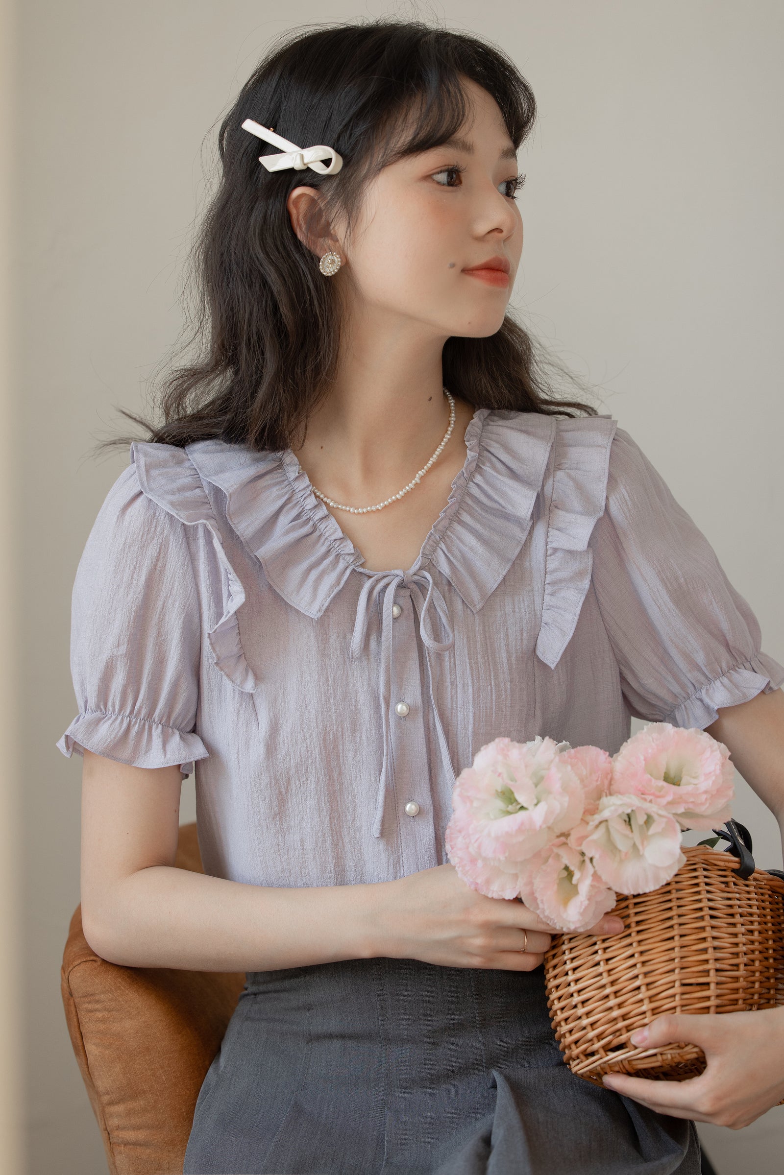 Lilac Ruffle-Trim Button-Up Blouse - Masion Chérie