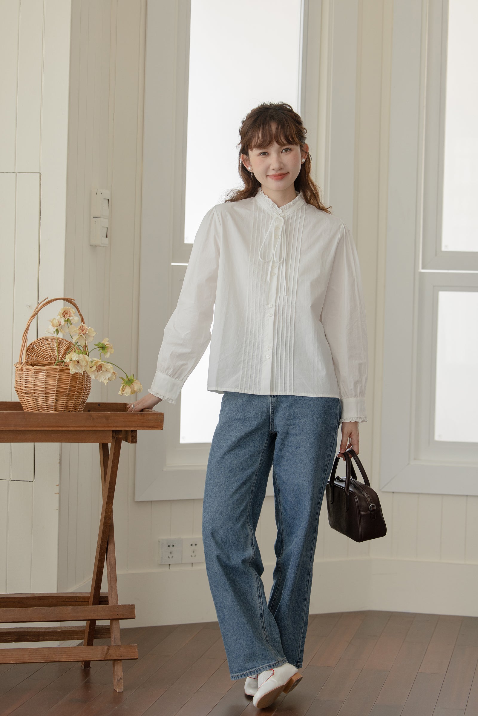 Classic White Tie Neck Pintuck Blouse