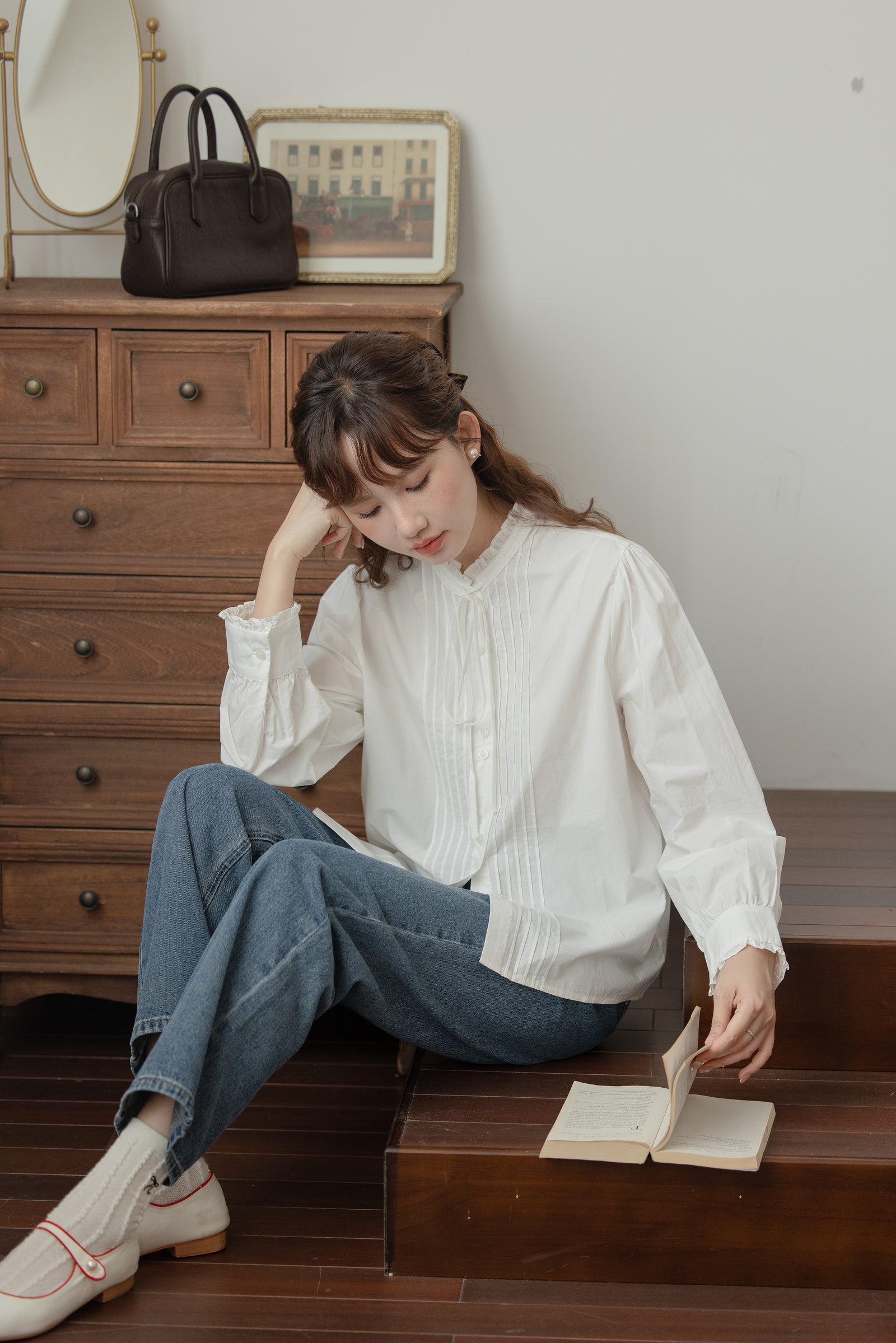 Classic White Tie Neck Pintuck Blouse