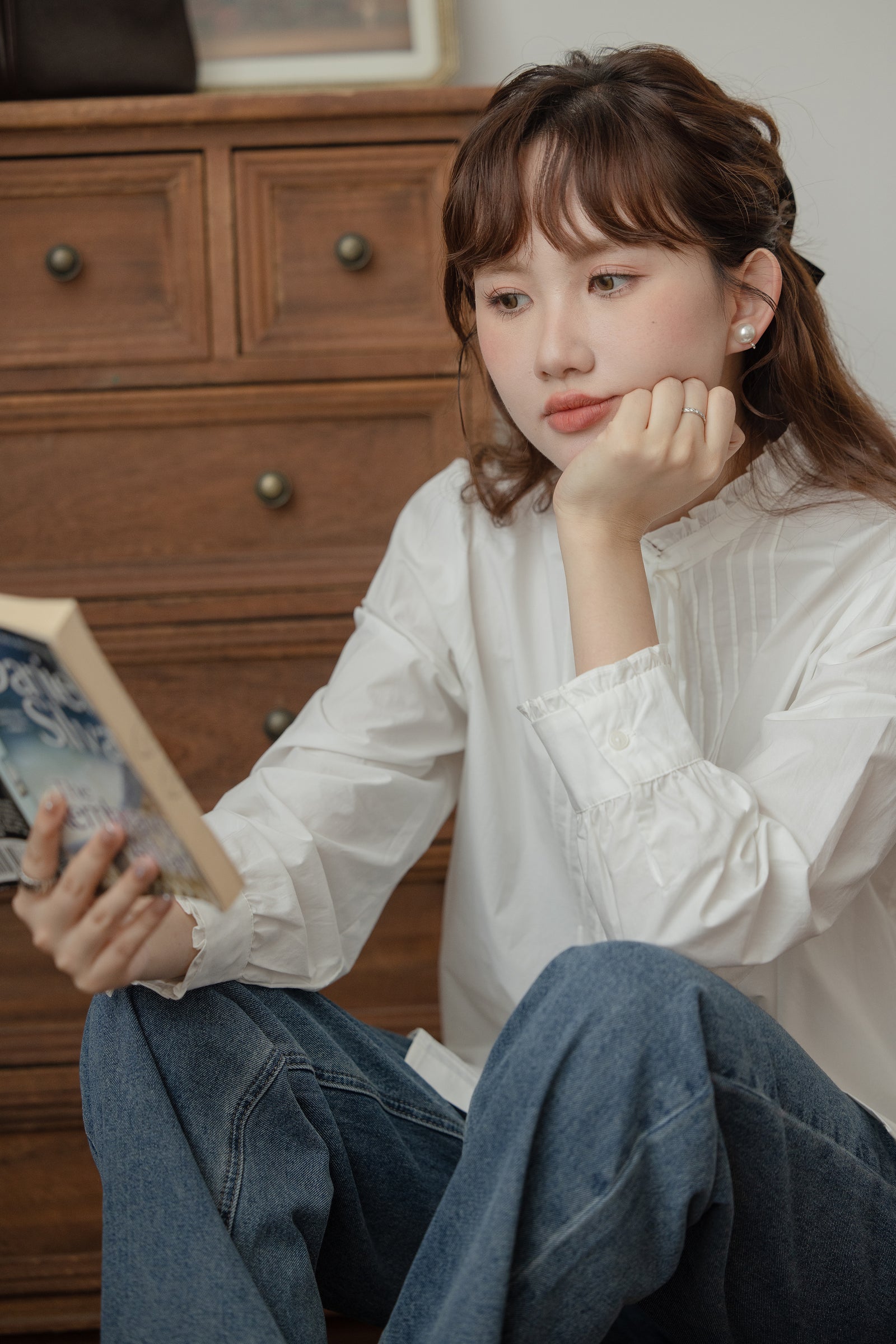 Classic White Tie Neck Pintuck Blouse