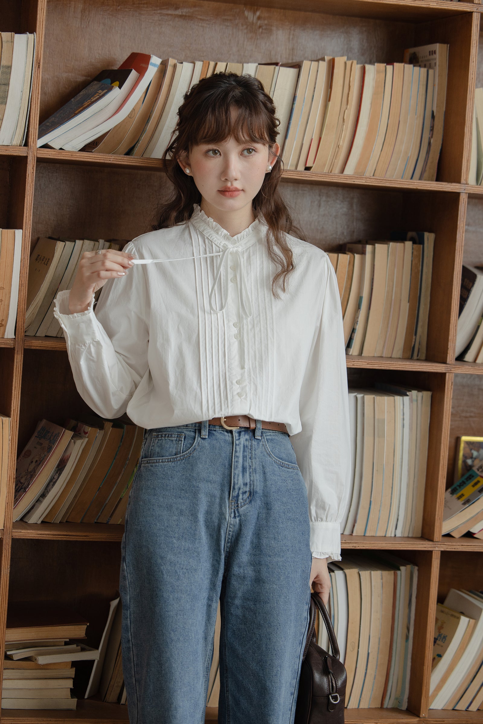 Classic White Tie Neck Pintuck Blouse