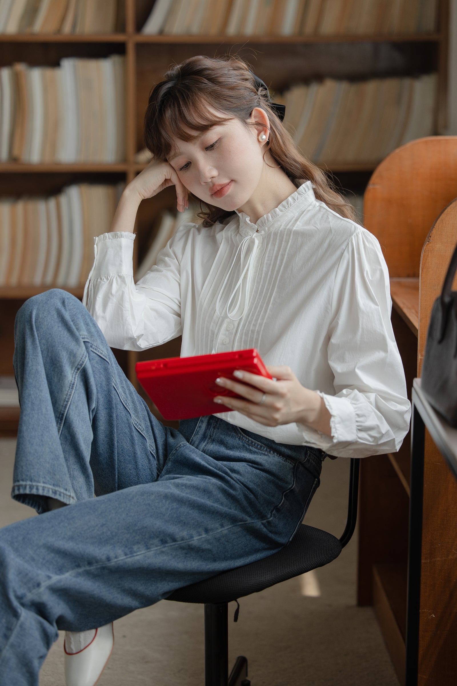 Classic White Tie Neck Pintuck Blouse