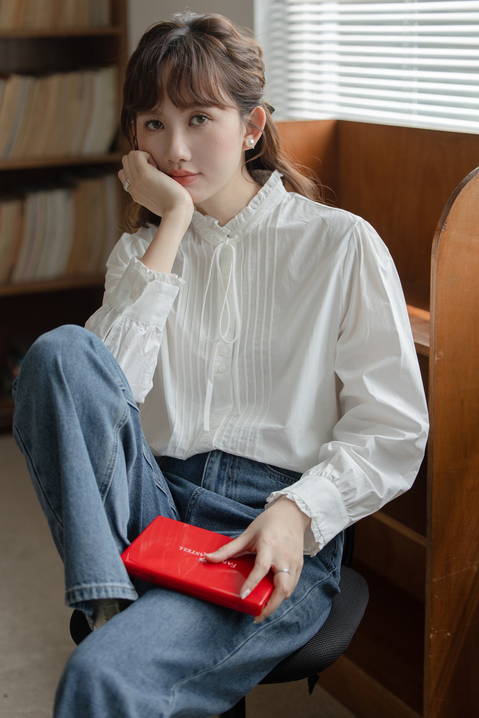 Classic White Tie Neck Pintuck Blouse