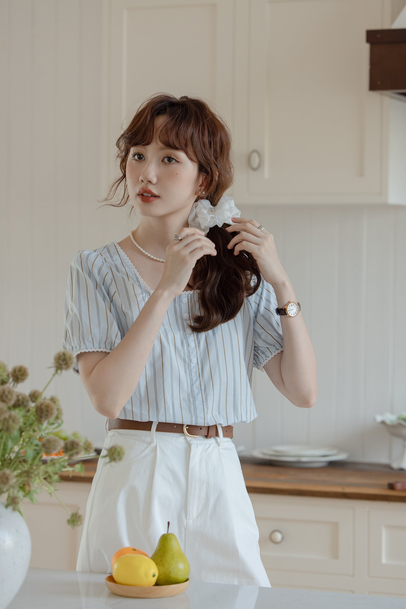 Vintage Striped Square Neck Puff Sleeve Blouse - Masion Chérie