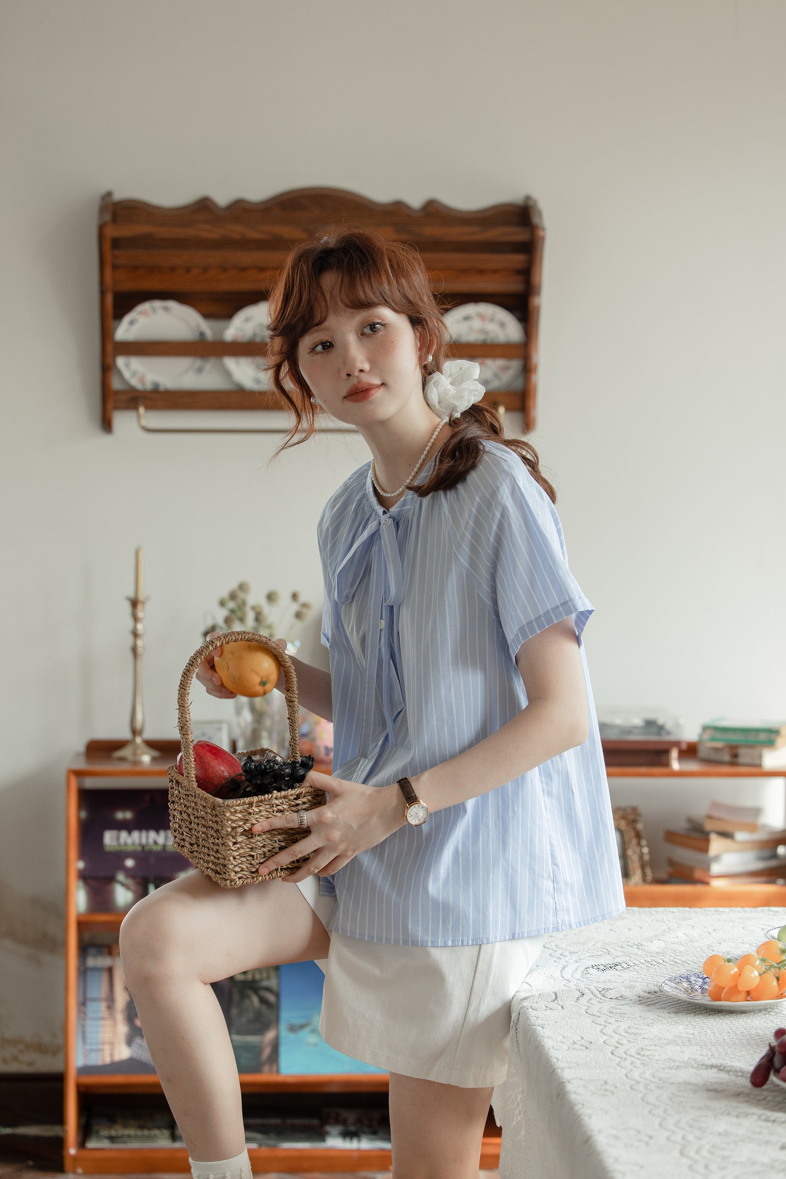 Whimsical Blue Stripe Bow-Tie Button-Down Blouse - Masion Chérie