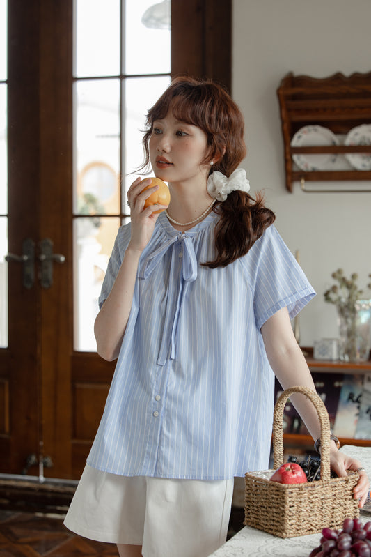 Whimsical Blue Stripe Bow-Tie Button-Down Blouse - Masion Chérie