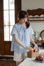 Whimsical Blue Stripe Bow-Tie Button-Down Blouse - Masion Chérie