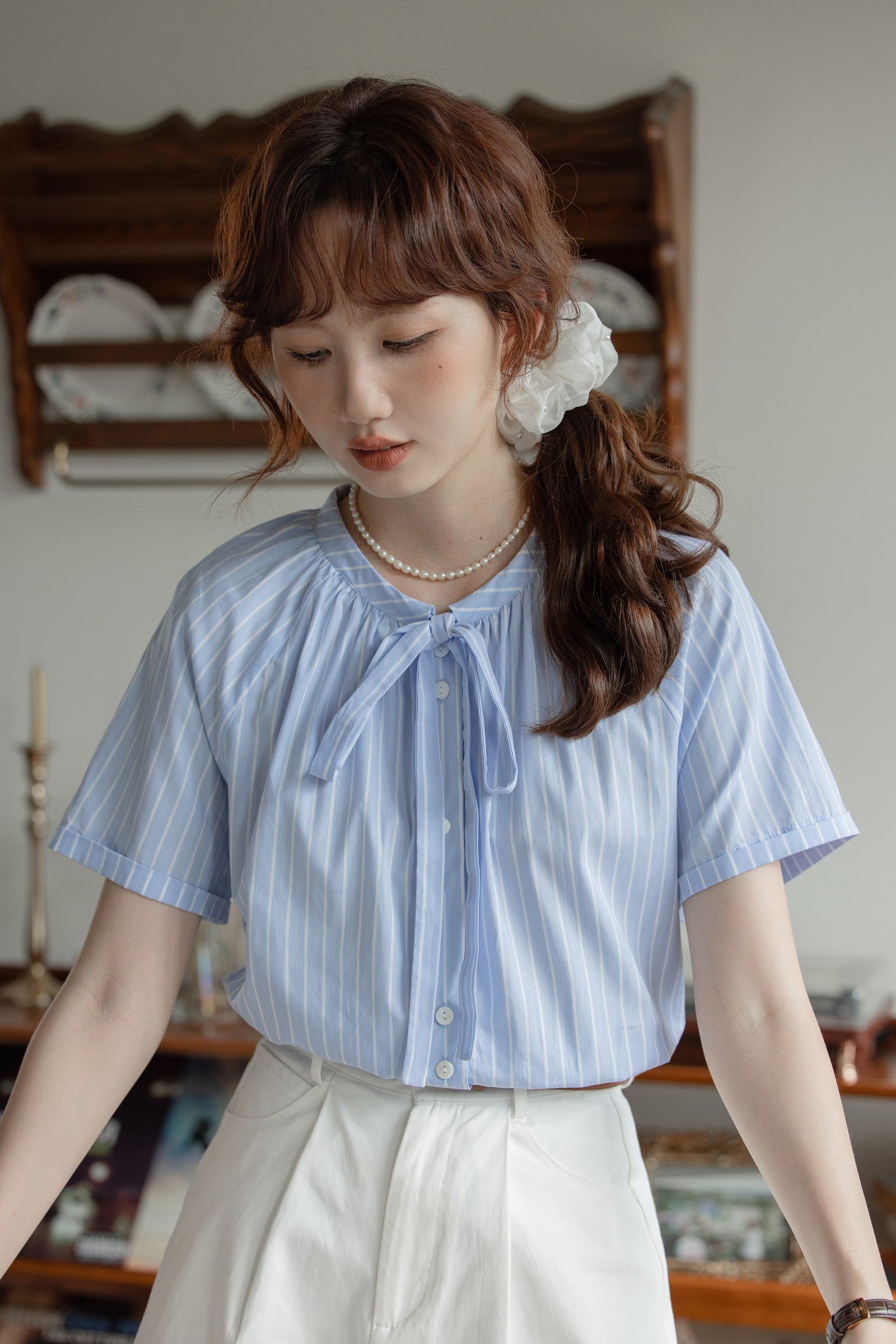 Whimsical Blue Stripe Bow-Tie Button-Down Blouse - Masion Chérie