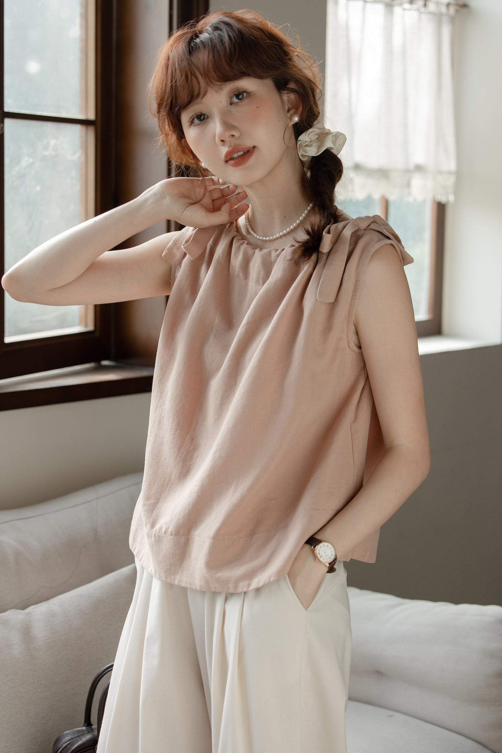 Soft Blush Tie-Shoulder Sleeveless Top - Masion Chérie