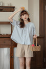 Casual Light Blue Button-Up Puff Sleeve Blouse - Masion Chérie