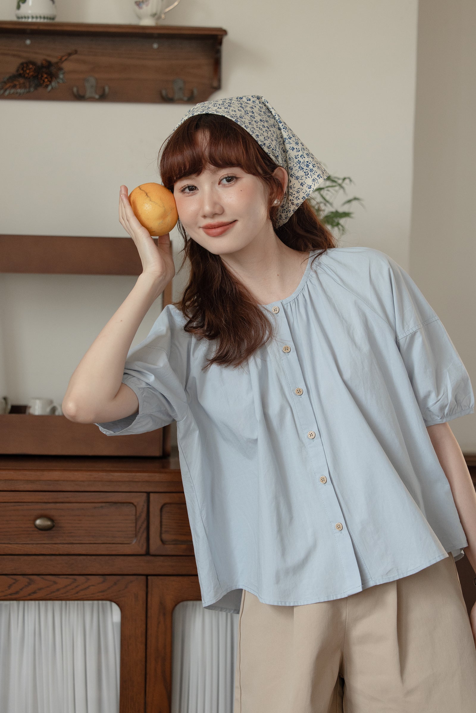 Casual Light Blue Button-Up Puff Sleeve Blouse - Masion Chérie