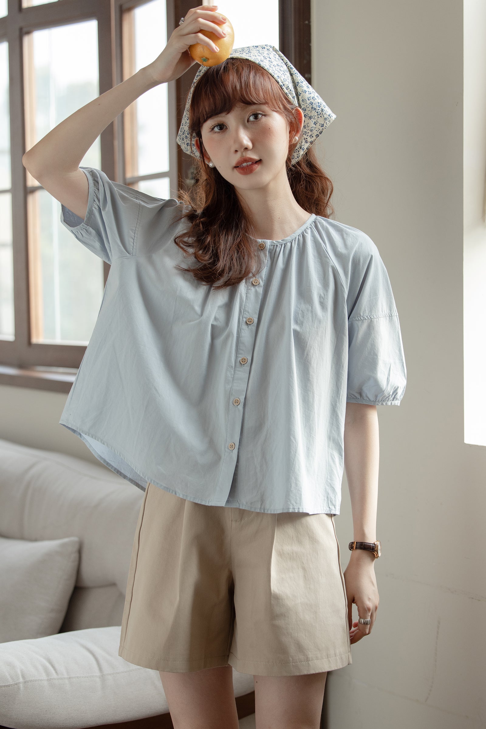 Casual Light Blue Button-Up Puff Sleeve Blouse - Masion Chérie