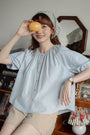 Casual Light Blue Button-Up Puff Sleeve Blouse - Masion Chérie