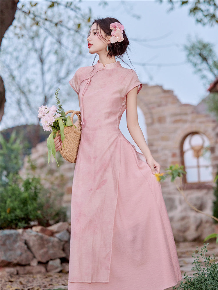 Vintage Pink Modified Cheongsam Dress Two-Piece Set - Masion Chérie