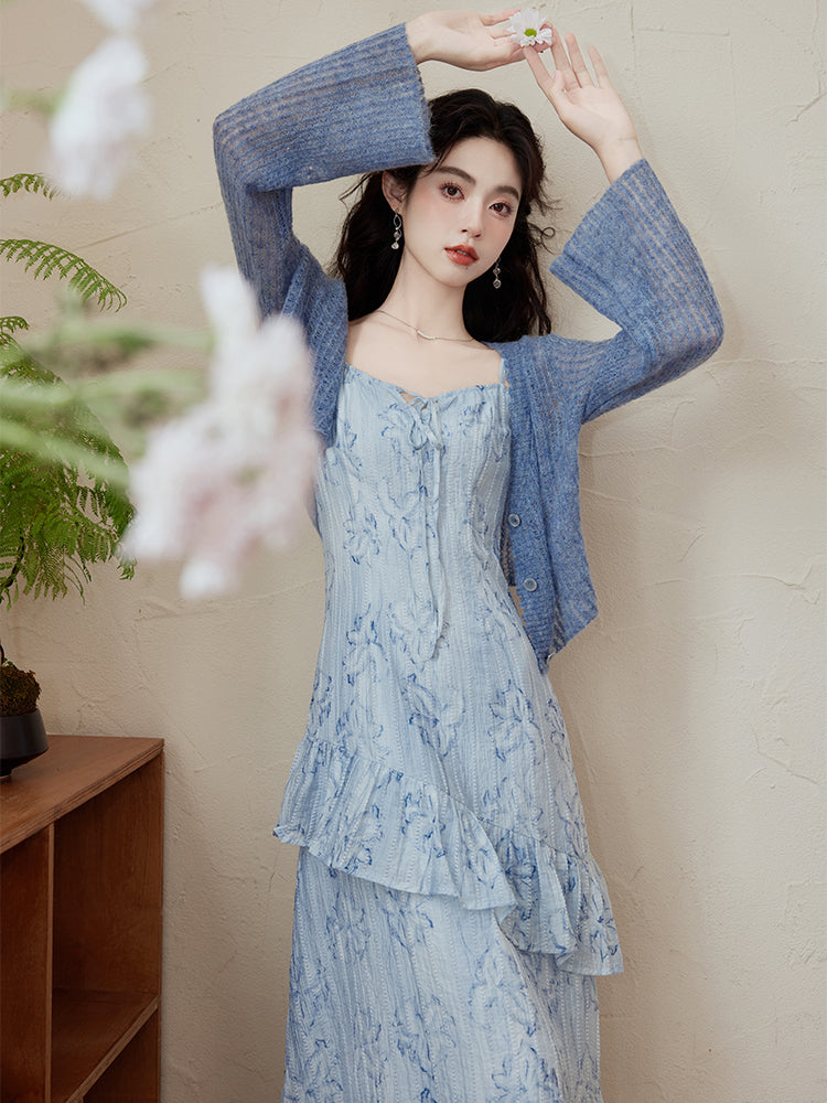 Elegant Blue Floral Lace Tiered Midi Dress with Mohair Knit Cardigan - Masion Chérie