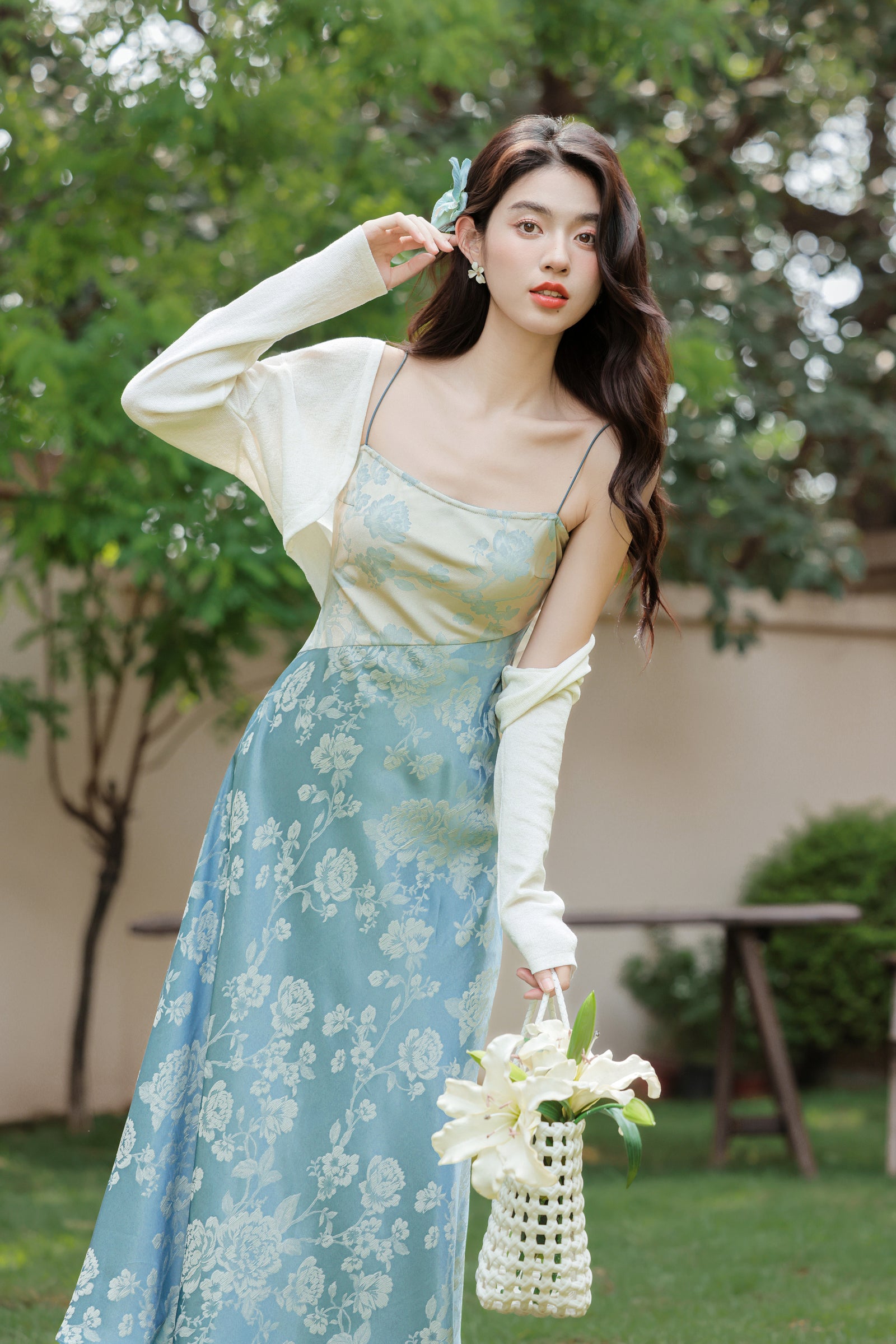 Pastel Blue Floral Satin Midi Dress